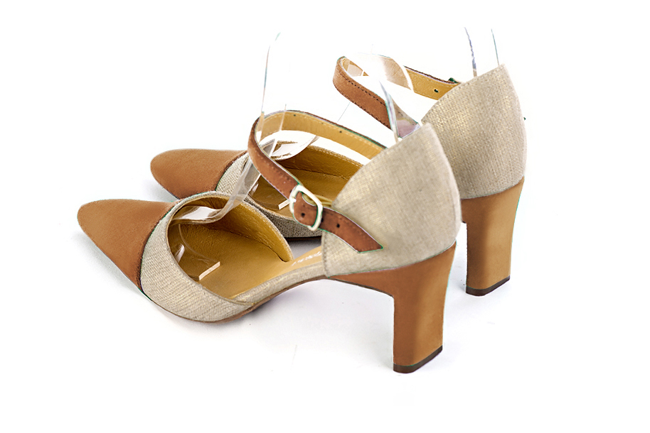 Women's camel beige and gold open side dress shoes, with an instep strap. Tapered toe. Medium comma heels - Rear view